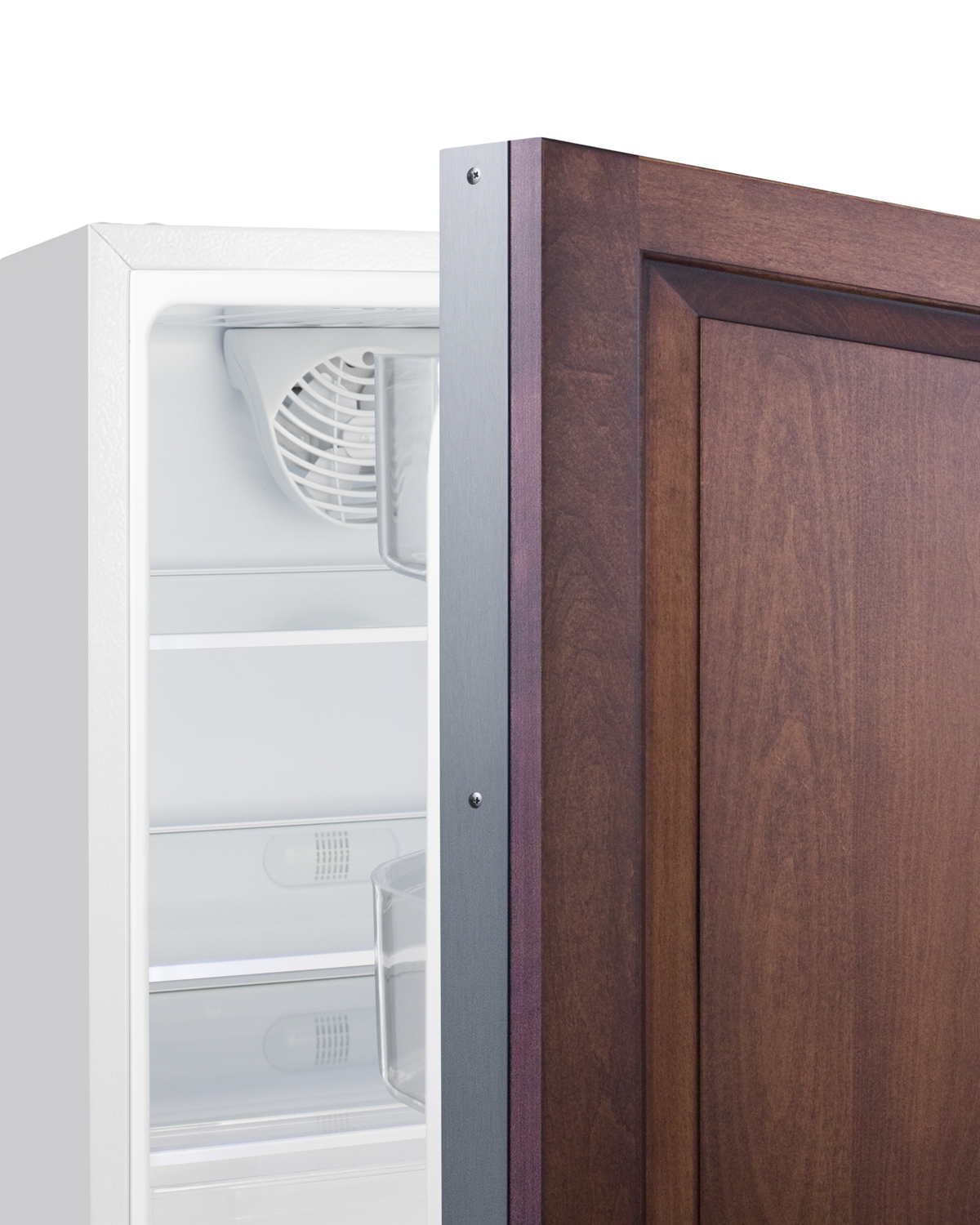 Built-in undercounter ADA compliant residential all-refrigerator in white with a panel ready door, door storage and automatic defrost operation